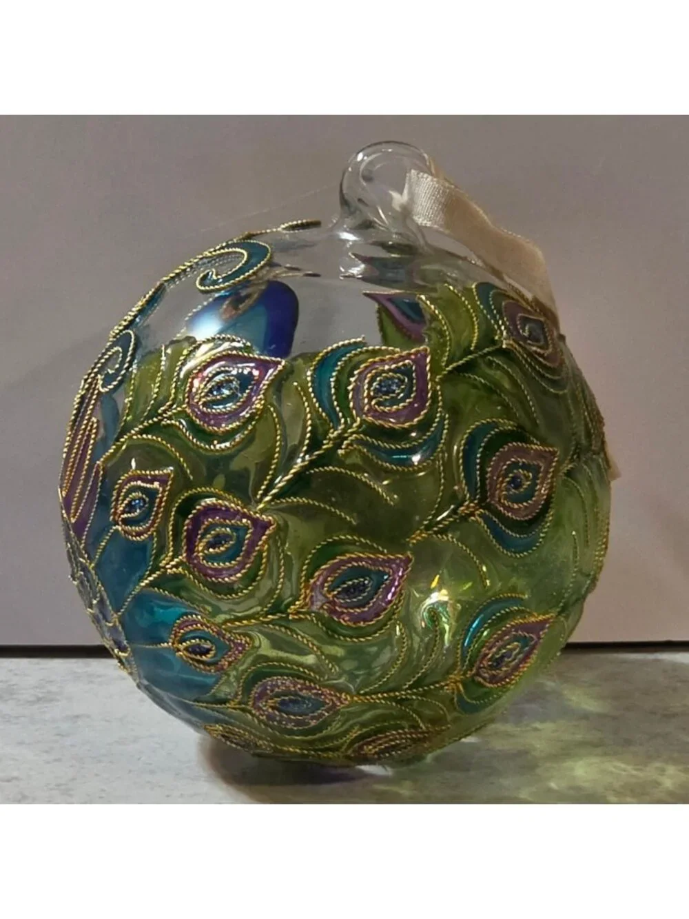 World Market Peacock Cloisonne Glass Christmas Ornament 3